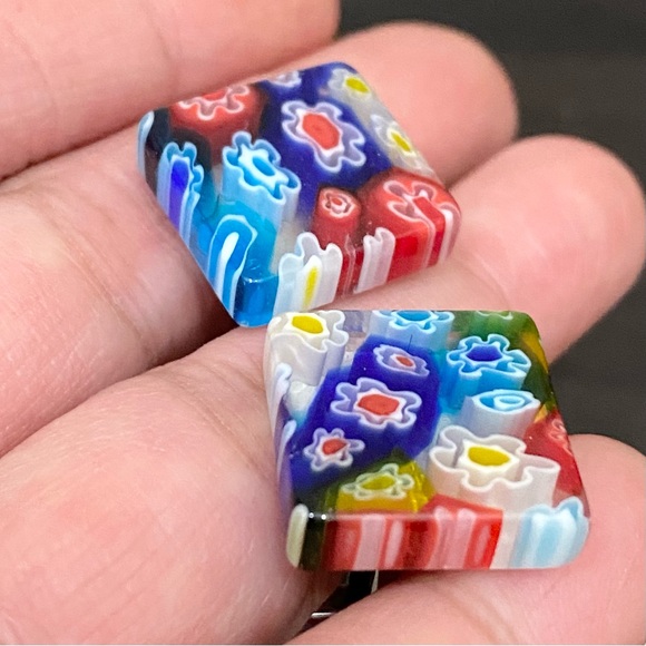 Multicolored Millefiori Fused Murano Glass Stainless Steel Cufflinks - Picture 3 of 11
